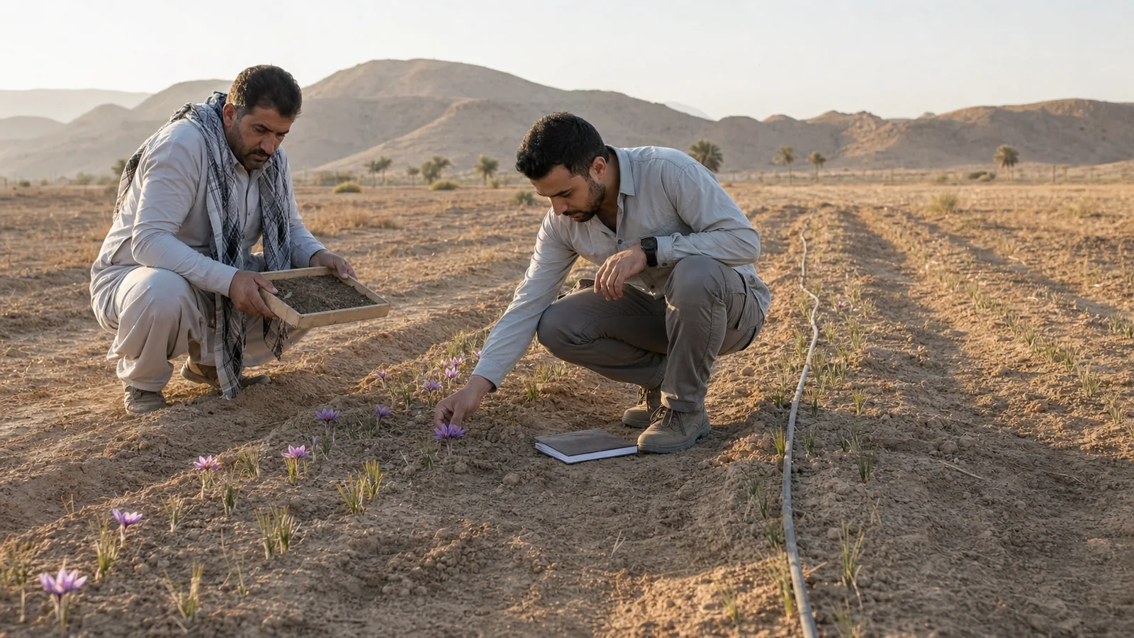 An agronomist and grower inspecting saffron rows in an arid Zahedan pilot field