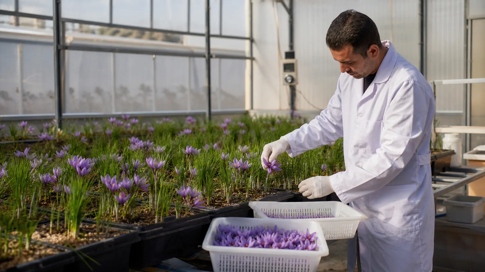 Worker harvesting saffron flowers from indoor trays in a controlled Tabriz workspace
