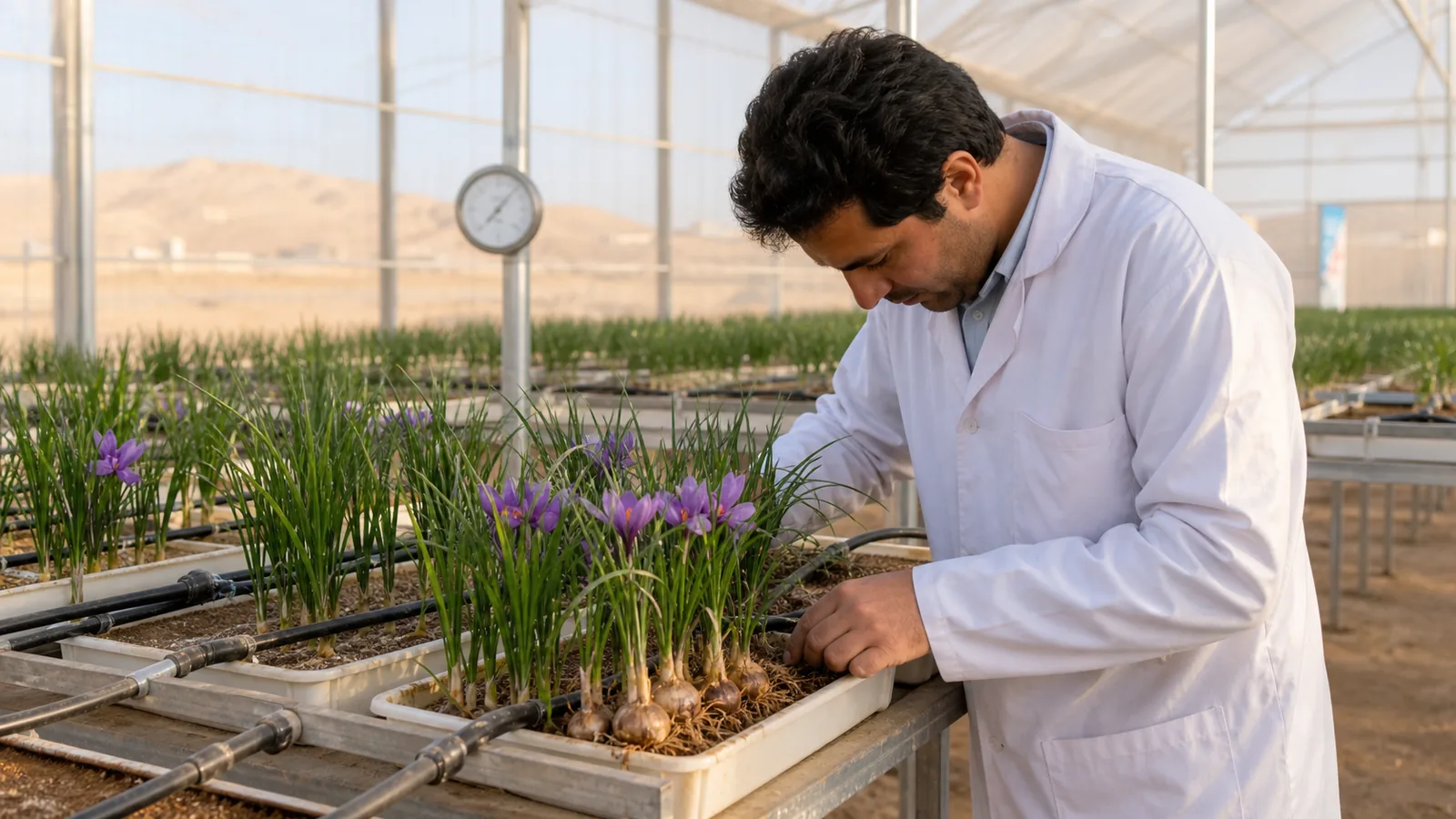 Saffron flowers growing in irrigated soilless trays inside a modern Yazd greenhouse
