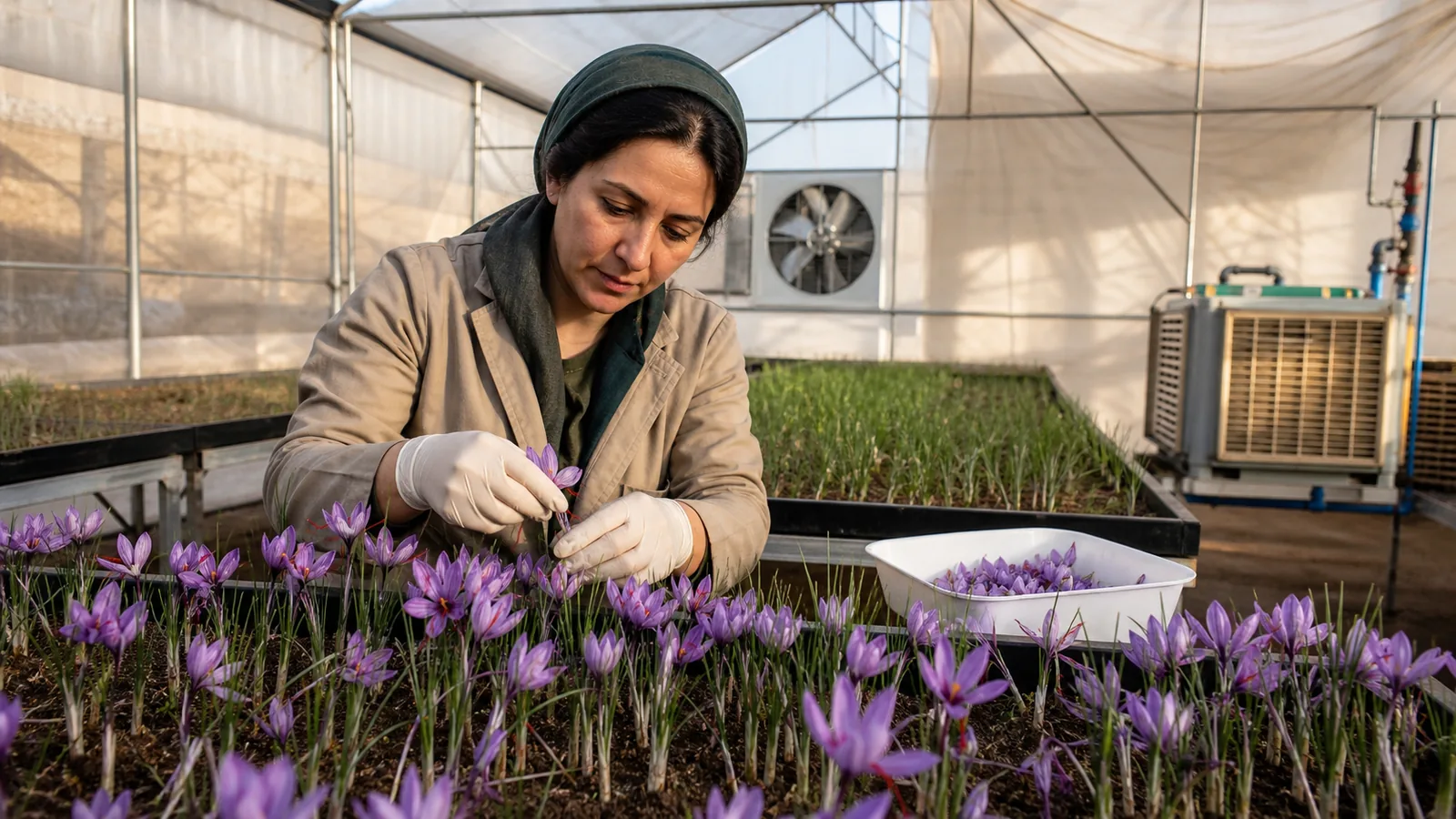 Woman inspecting flowering saffron trays inside a small modern greenhouse in Lorestan