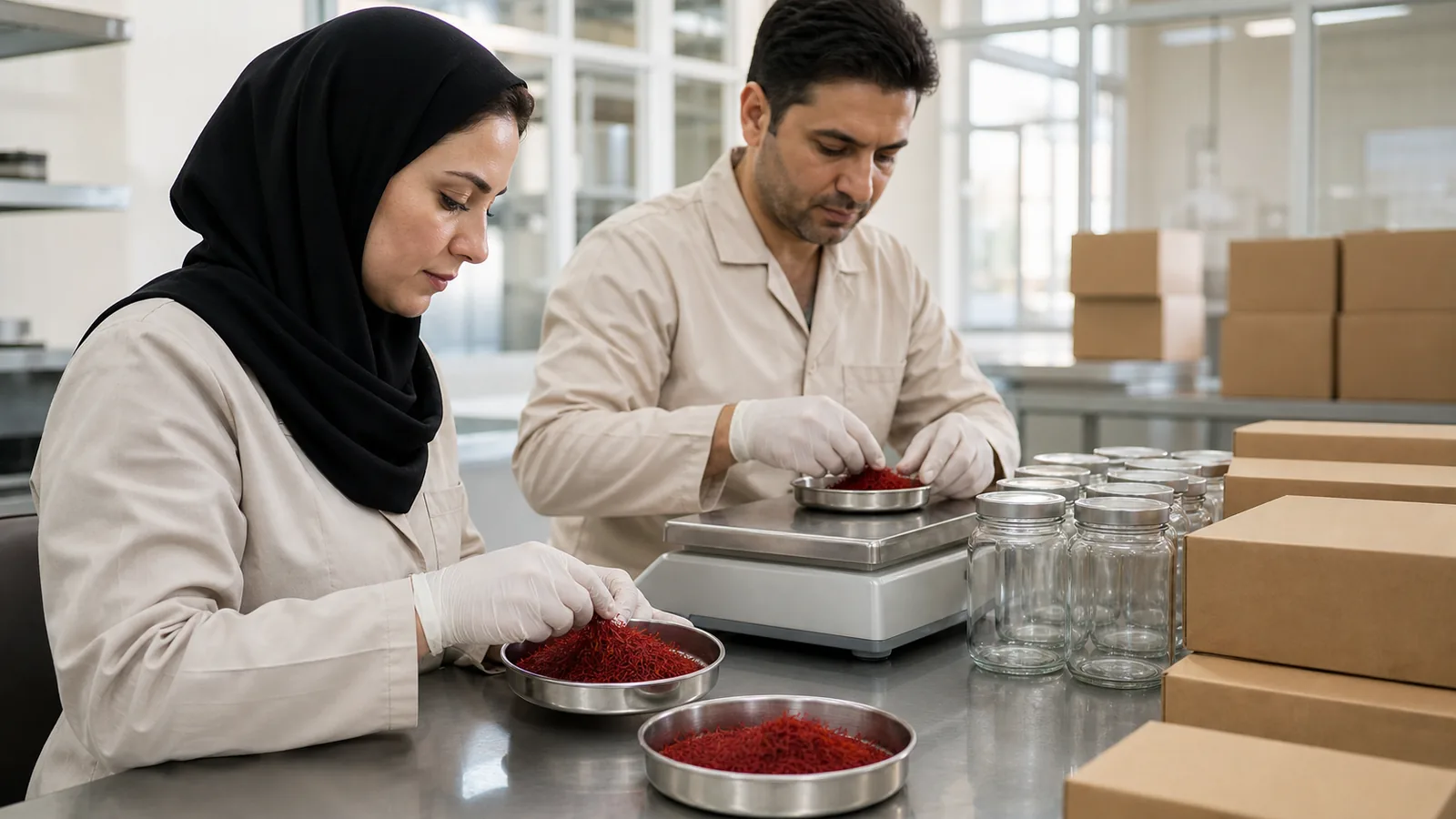 Quality staff checking unbranded Iranian saffron packs before export shipment