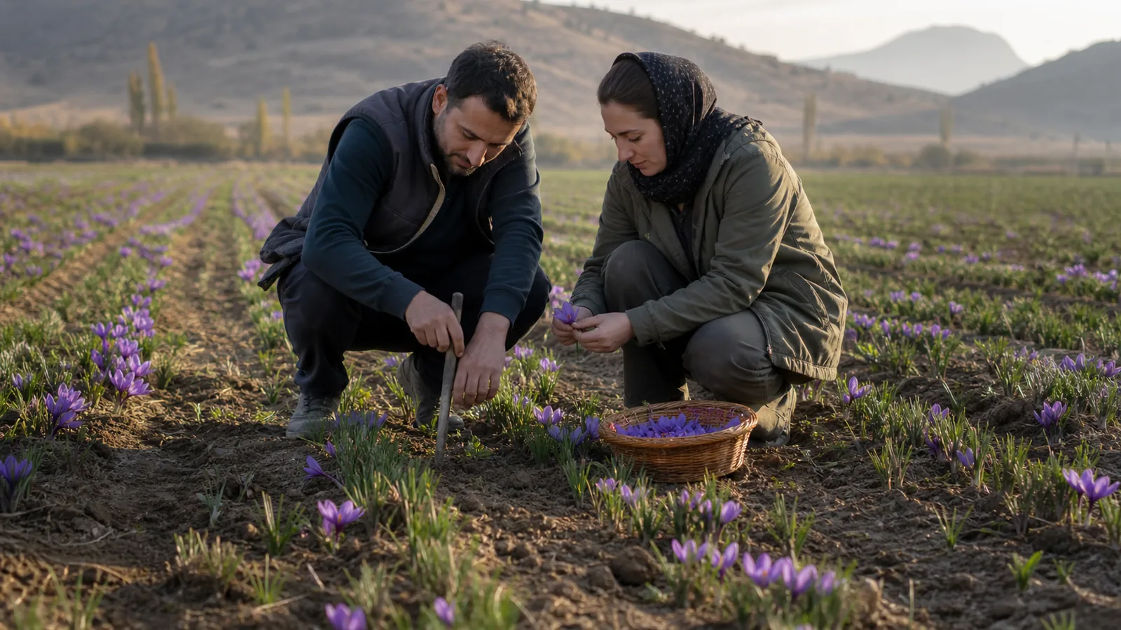 Agronomy workers inspecting flowering saffron rows in a West Azerbaijan field