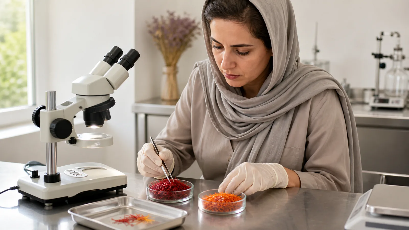 Quality specialist comparing saffron threads and safflower florets in a food laboratory