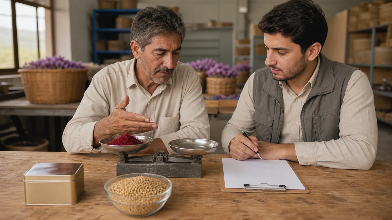 Saffron grower and agricultural analyst comparing saffron threads with wheat grain