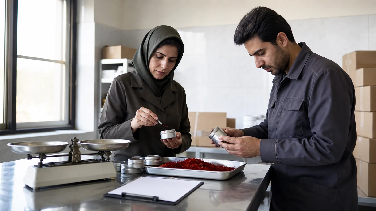 Saffron cooperative staff reviewing export stock and a quality sample