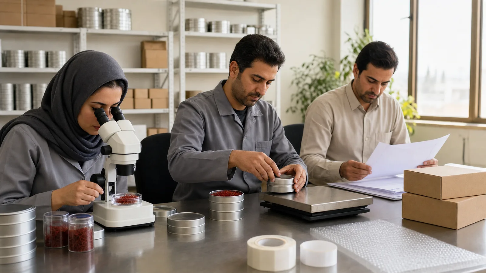 Iranian saffron quality staff preparing a documented export shipment