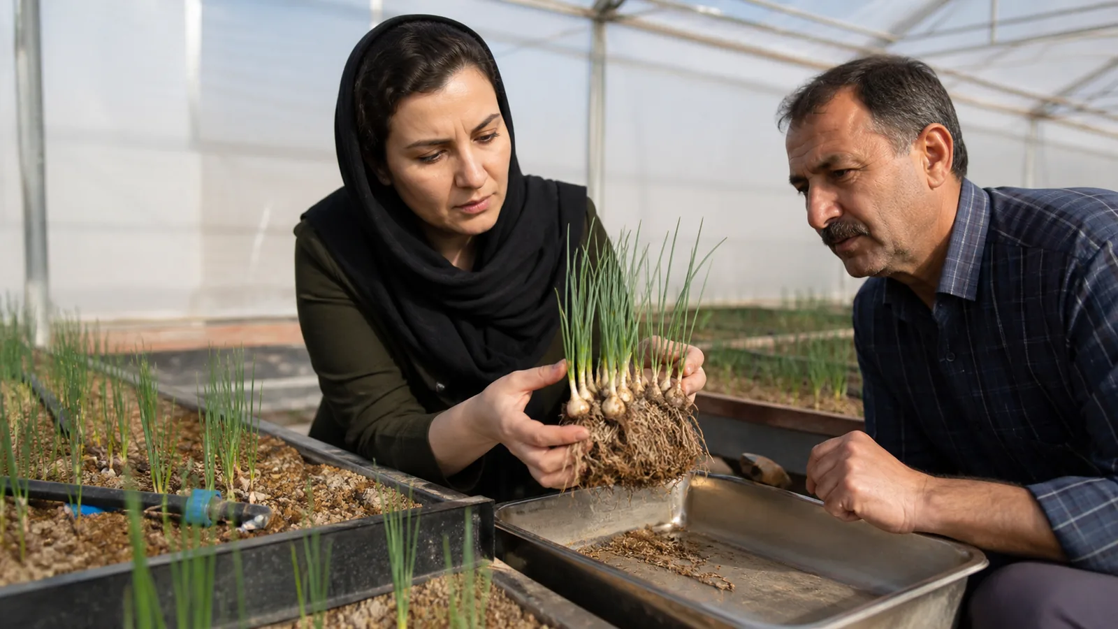 Agronomist and grower examining saffron corms in a managed greenhouse trial