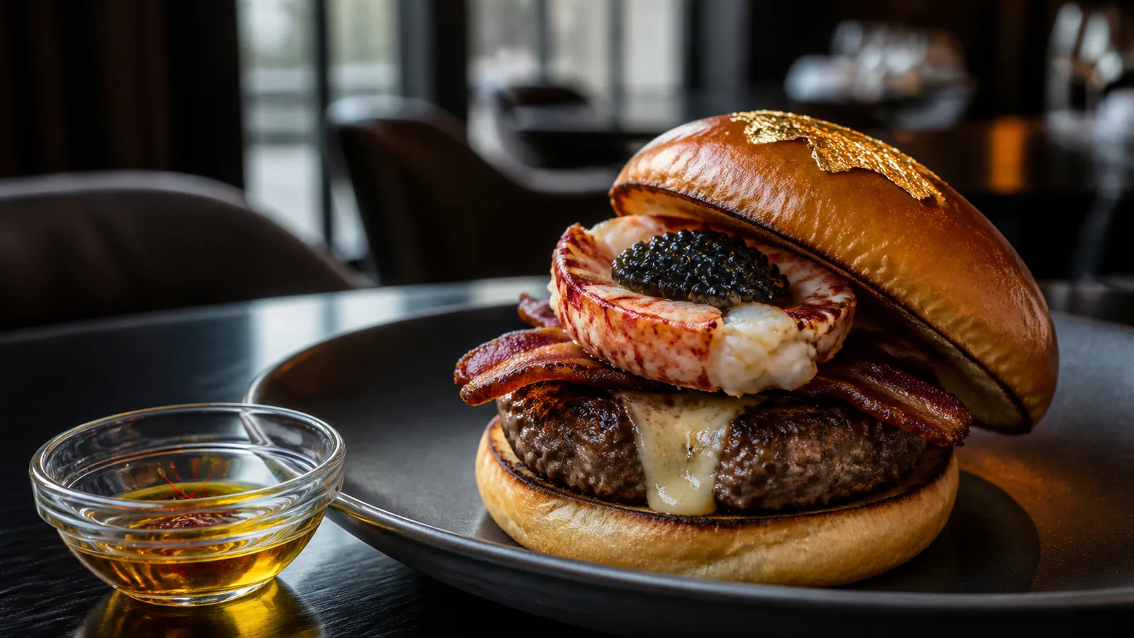 Luxury burger with Iranian saffron-poached lobster and edible gold garnish
