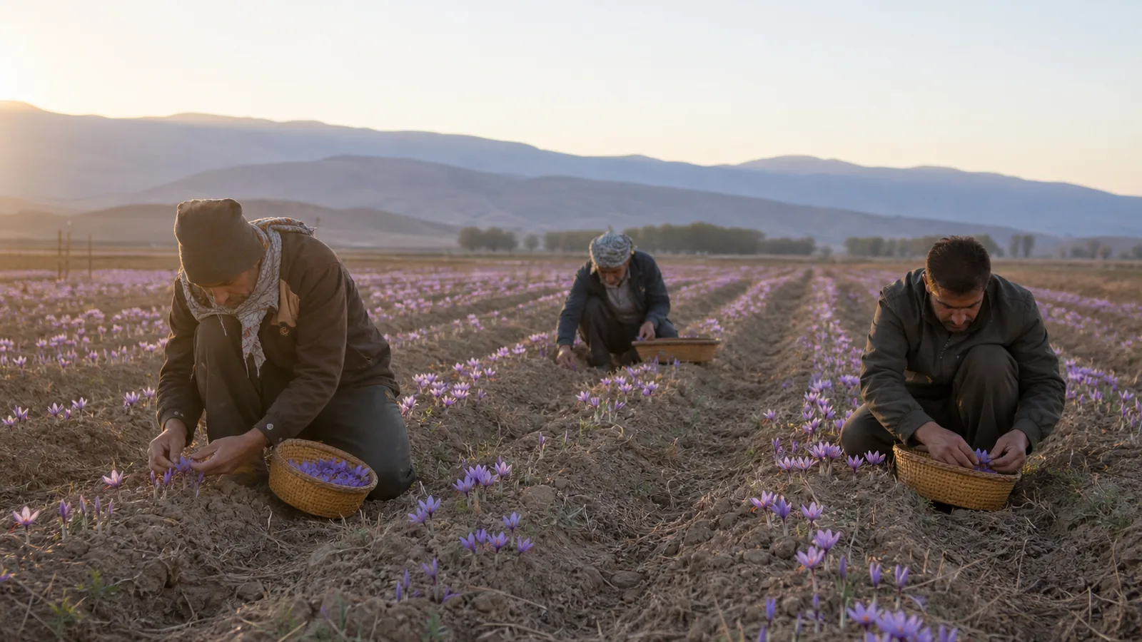 Workers harvesting saffron flowers in Khorasan Razavi fields at dawn