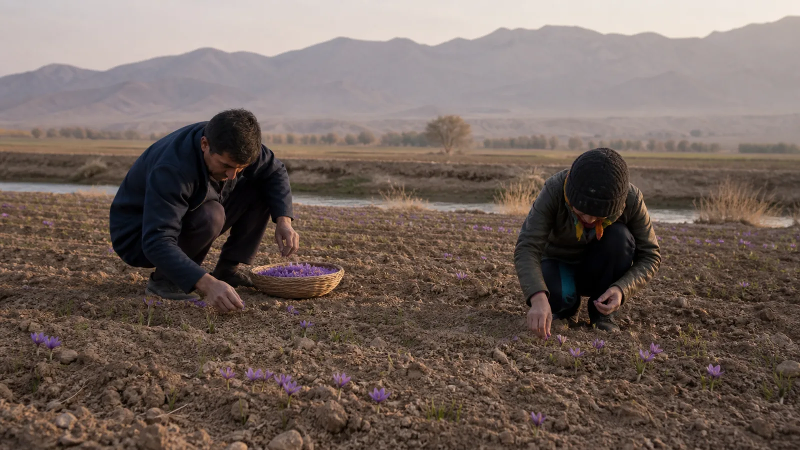 Workers picking saffron flowers on a Golpayegan farm at dawn