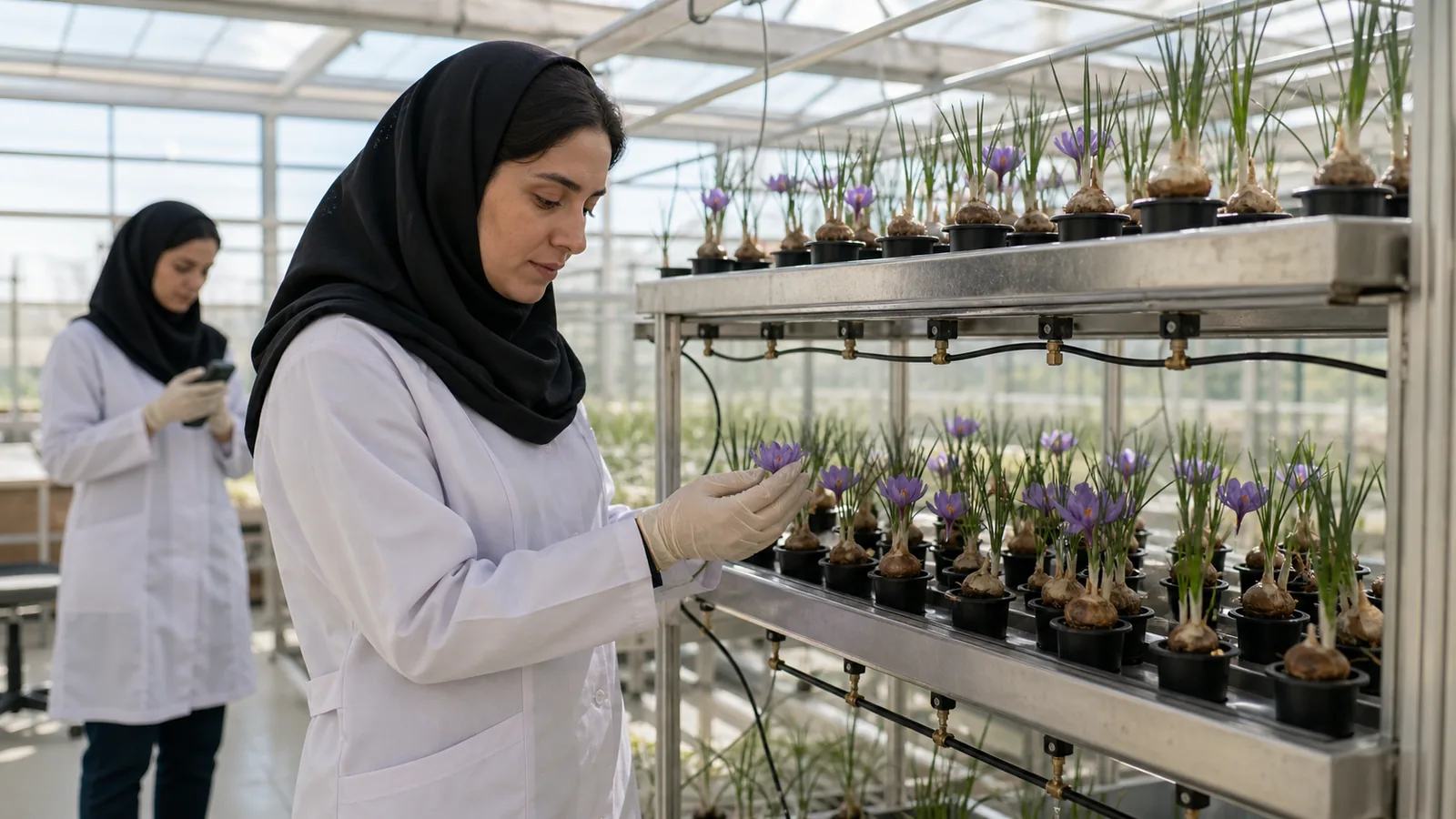 Researcher inspecting aeroponic saffron corms in a controlled cultivation hall