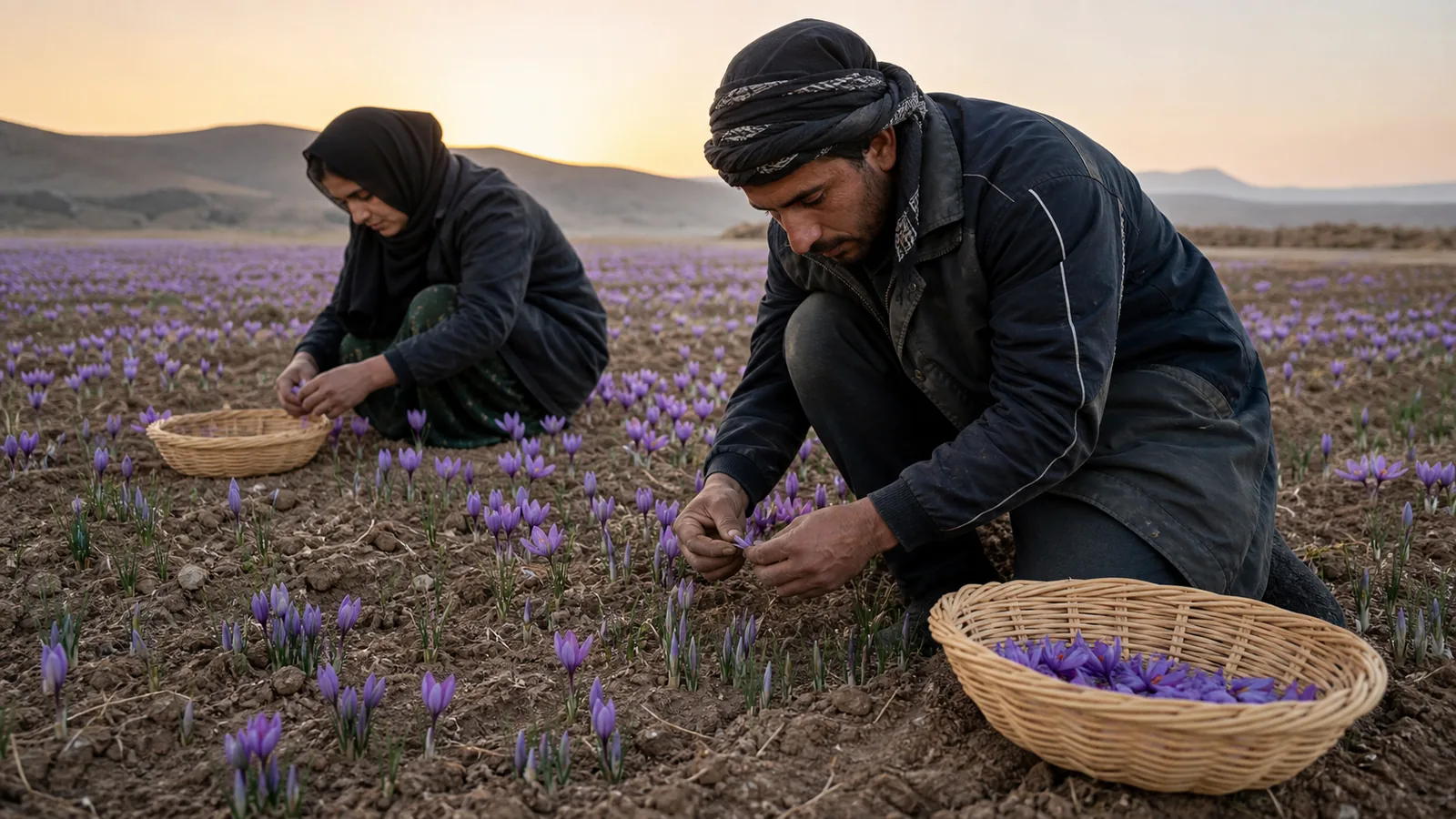 Workers gathering saffron flowers at sunrise near Torbat Heydariyeh and Zaveh