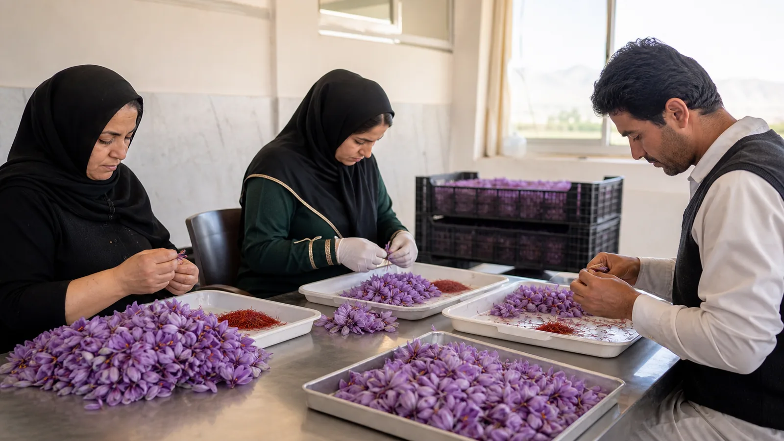 Workers separating saffron flowers during the Rashtkhar harvest season