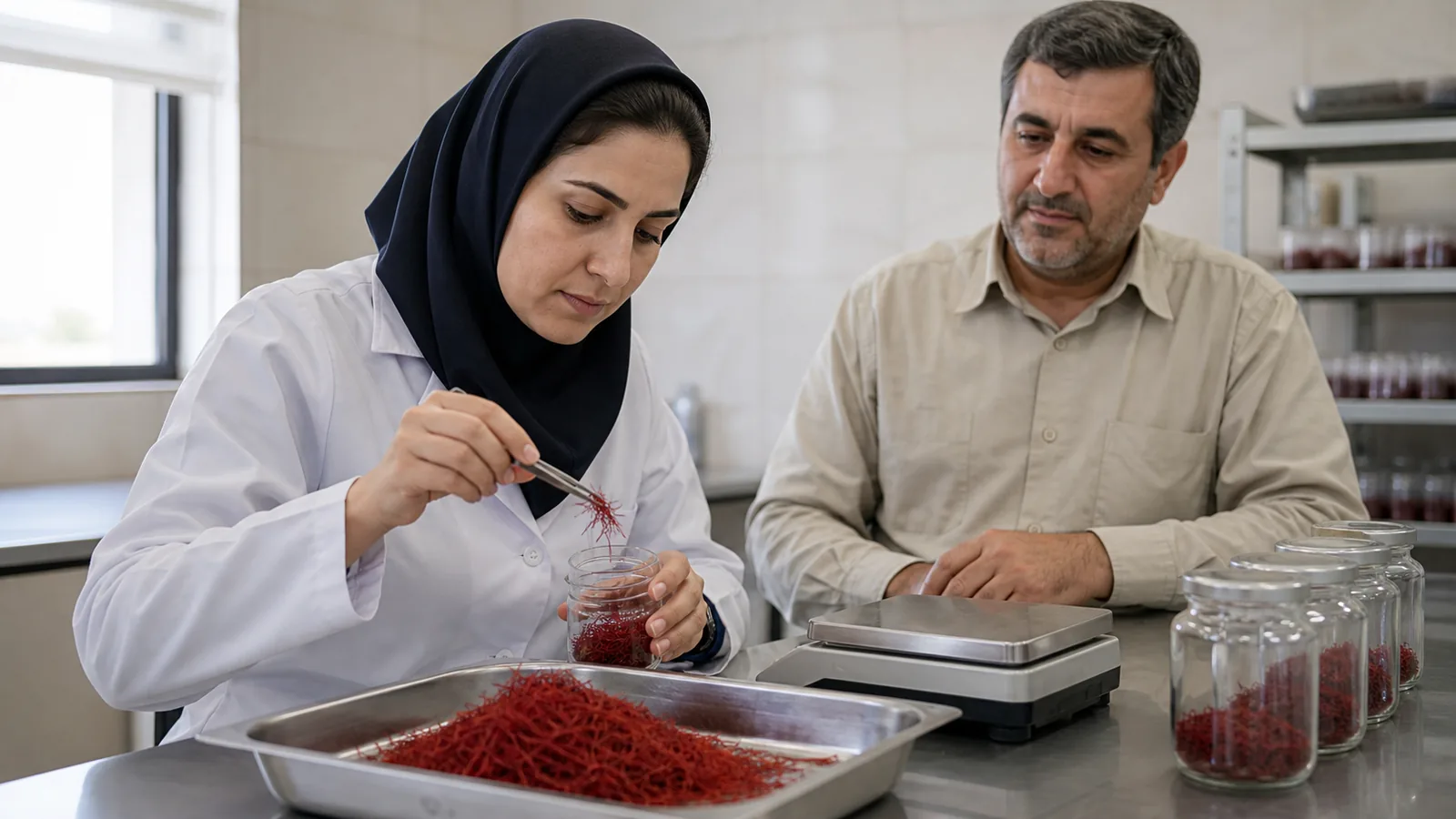 Technician assessing a Gonabad saffron sample at a cooperative quality desk