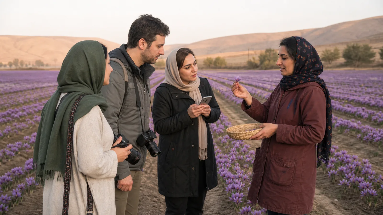 Visitors learning from a guide beside a saffron field in Torbat Heydariyeh