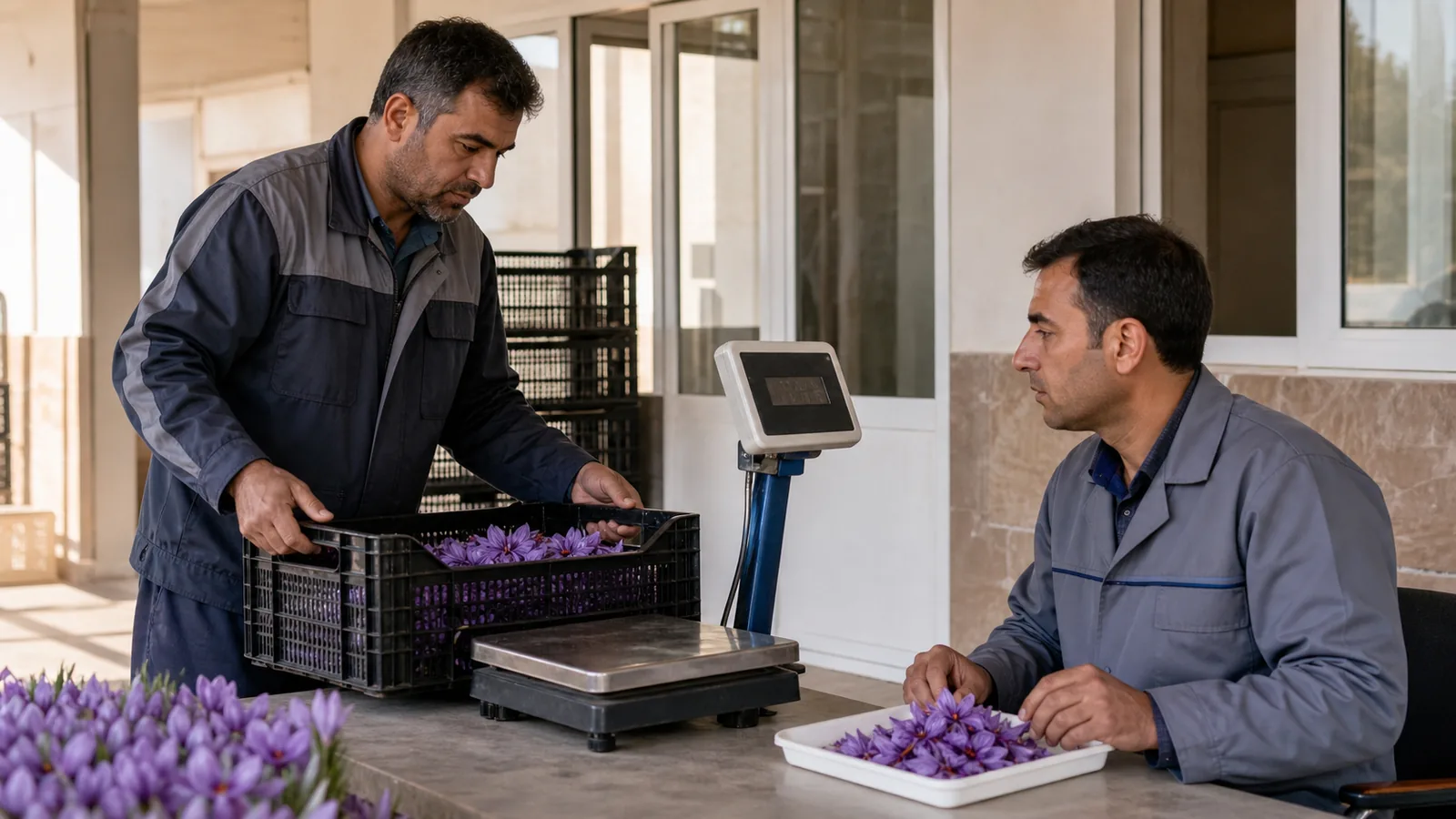 Quchan grower delivering saffron flowers at a cooperative weighing desk