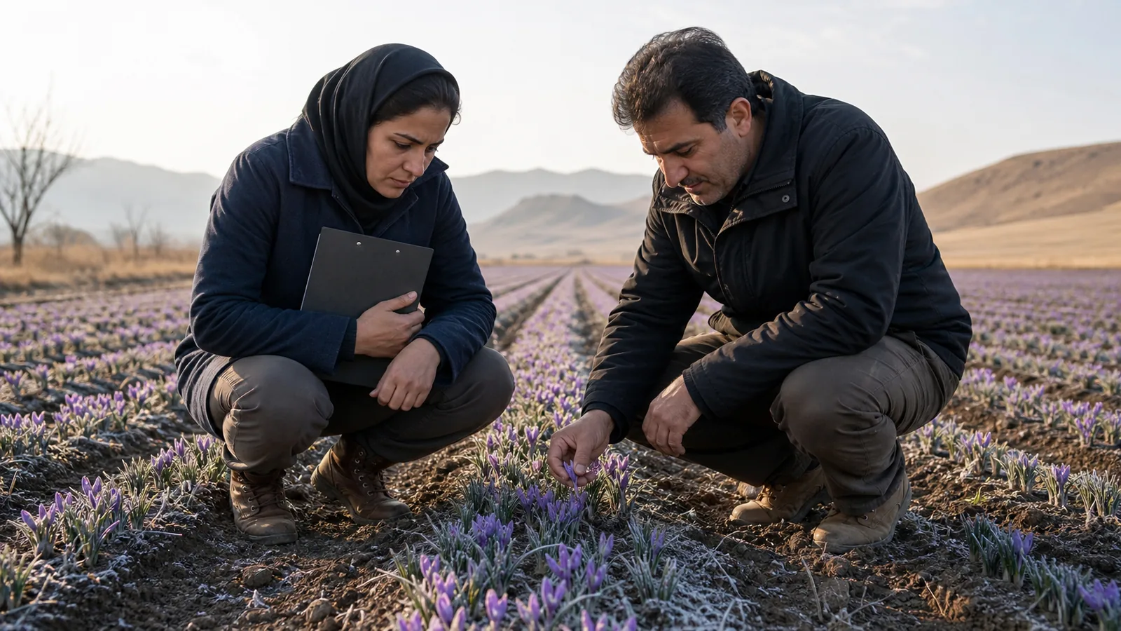 Agronomists inspecting a Torbat Heydariyeh saffron field after frost