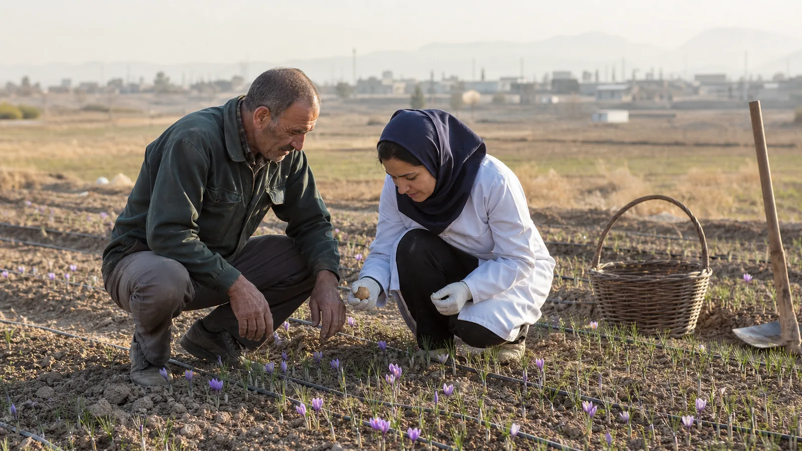 Rey grower and agronomist inspecting saffron plants beside irrigation lines