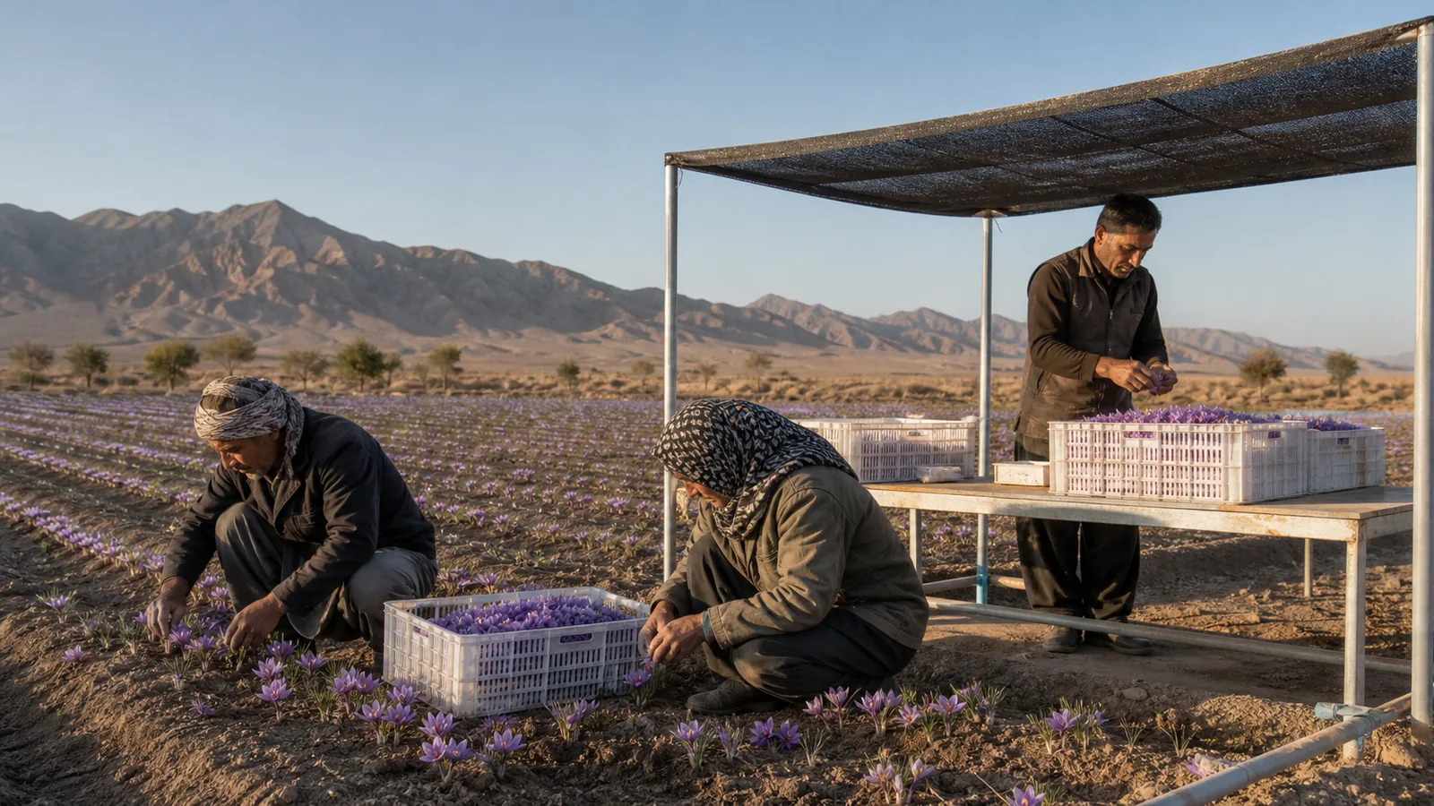 Khash saffron growers collecting flowers in a dry highland field