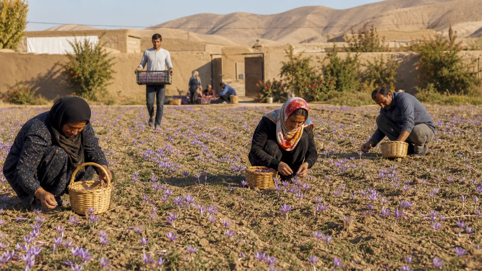 Saffron harvesters working in an Alavi village field near Kashan