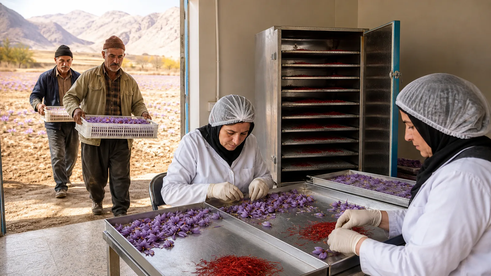 Estahban growers separating saffron flowers in a clean local workshop