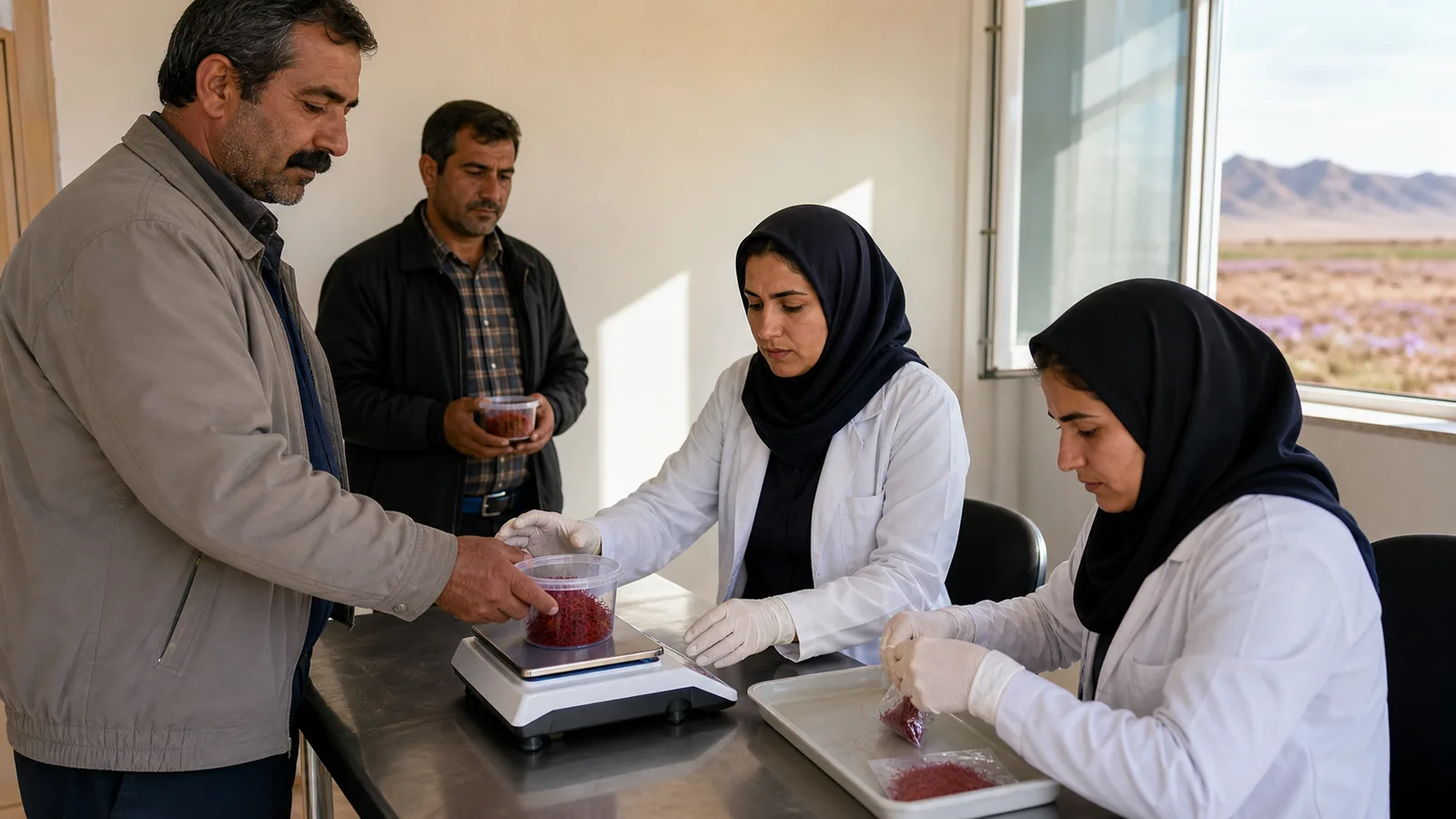 South Khorasan grower delivering saffron for cooperative weighing and sampling