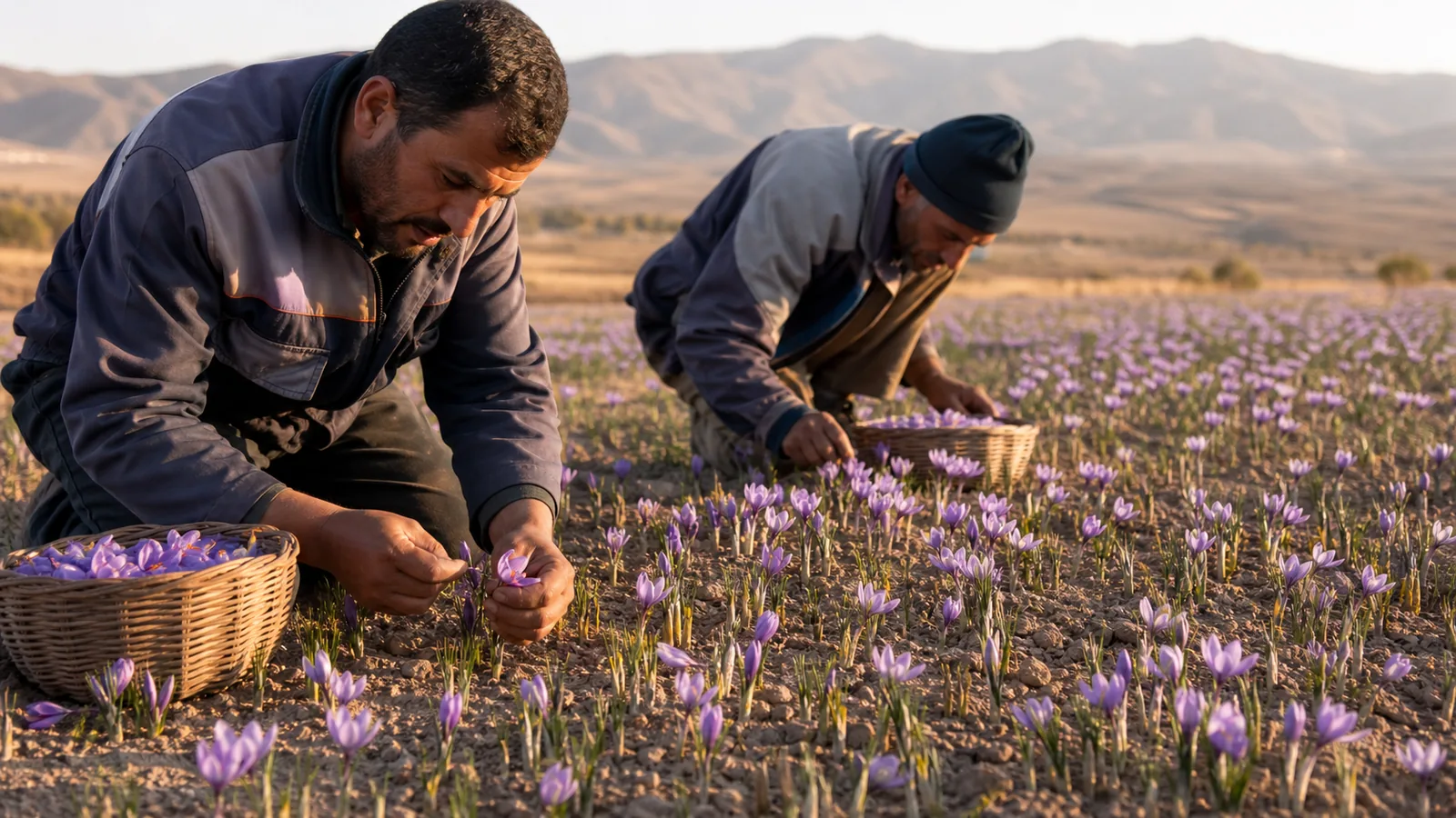 Growers picking saffron flowers in an East Azerbaijan field near Marand