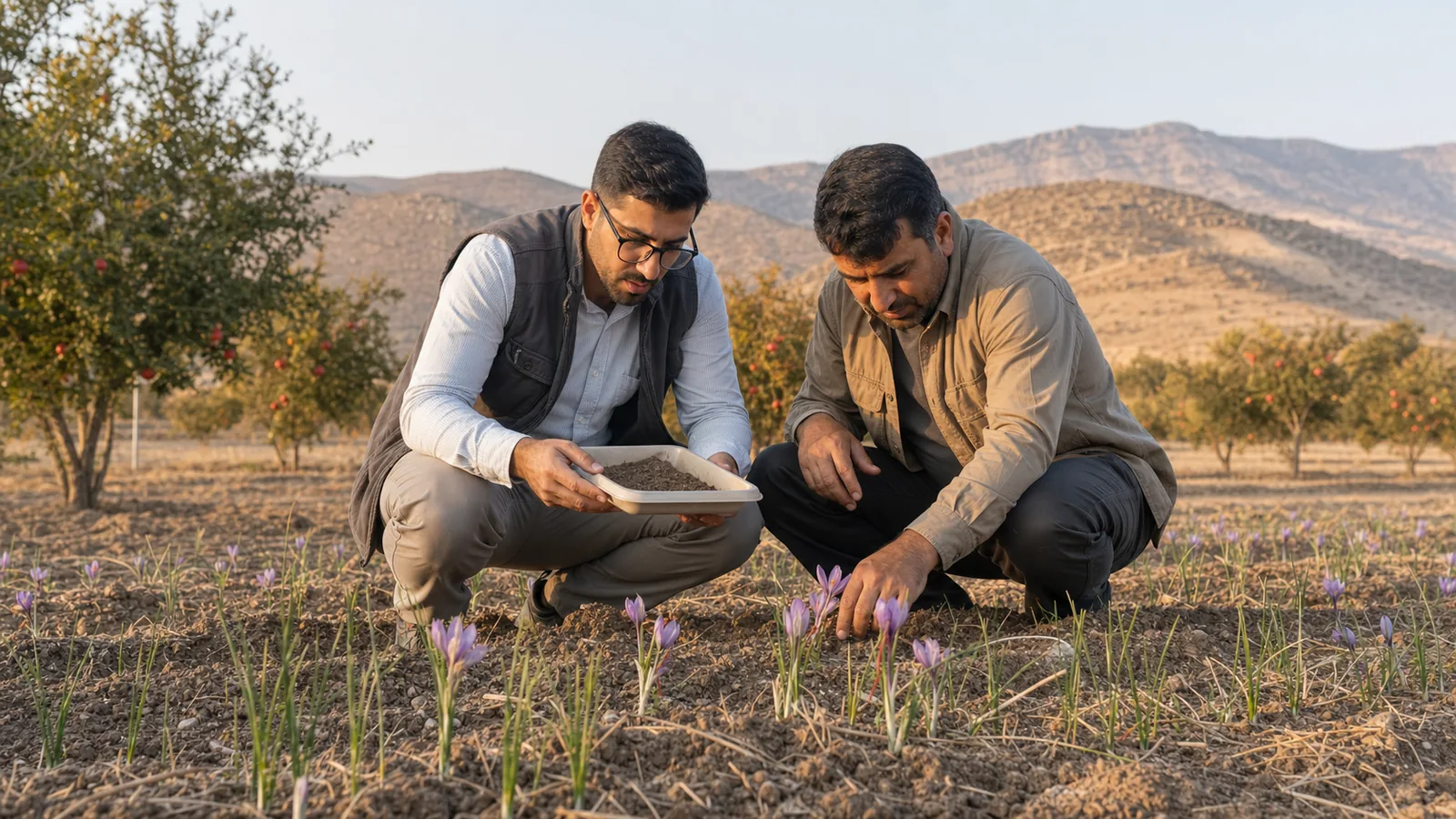 Kazerun grower and agricultural adviser examining a young saffron field