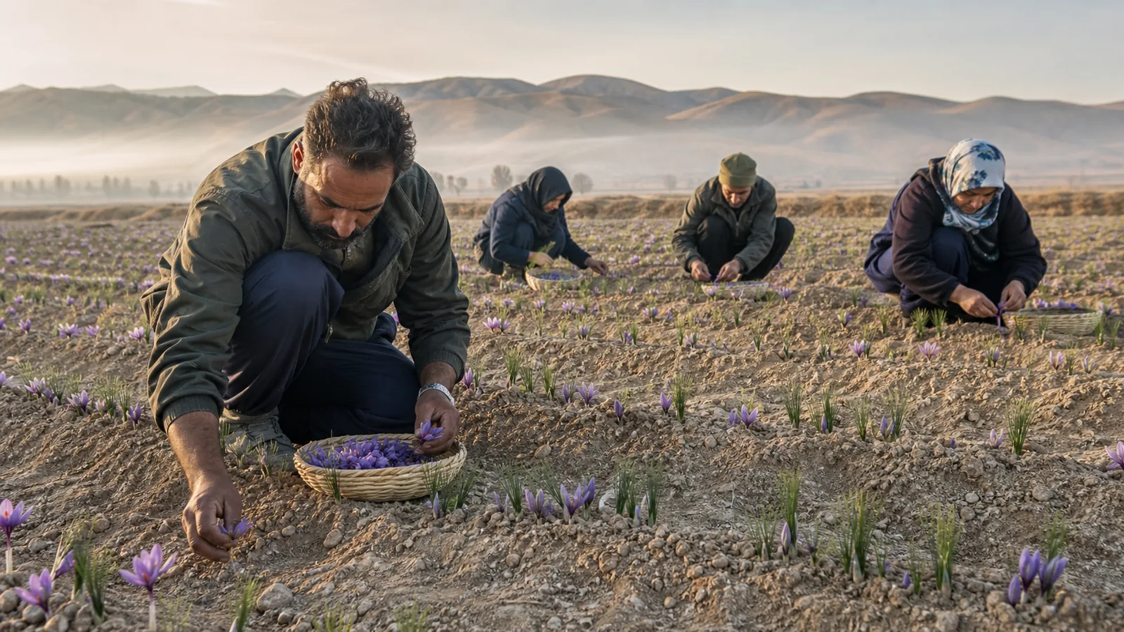 Khorasan Razavi workers picking saffron flowers during harvest