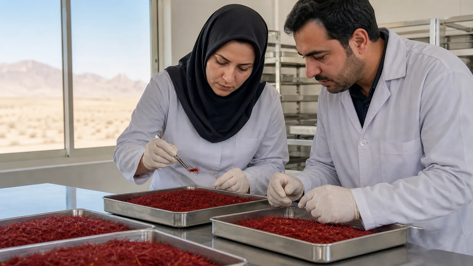 Yazd saffron workers inspecting dried stigmas in a clean processing room