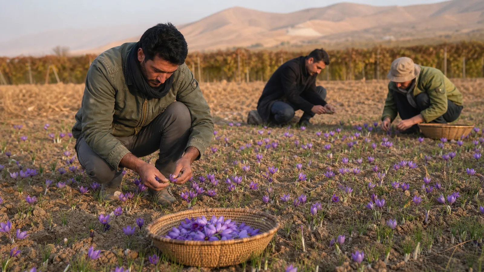 Khalilabad workers collecting saffron flowers in clean shallow baskets
