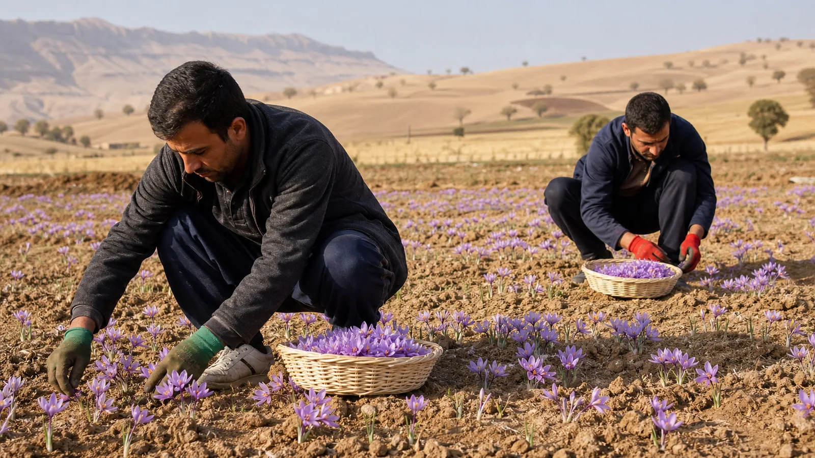 Karzan growers harvesting saffron flowers in a small Ilam field