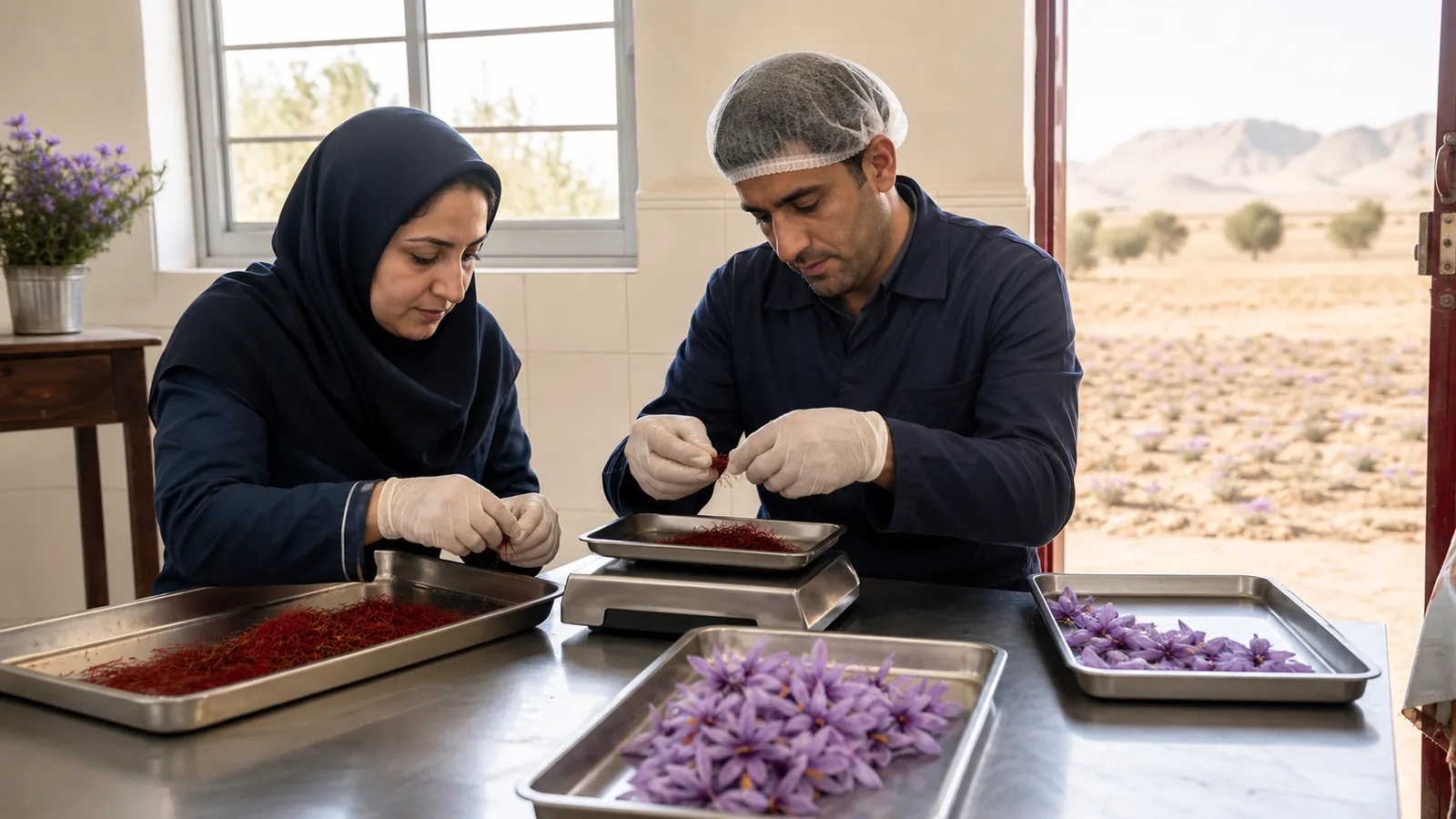 Yazd saffron workers weighing dried red stigmas in a clean facility