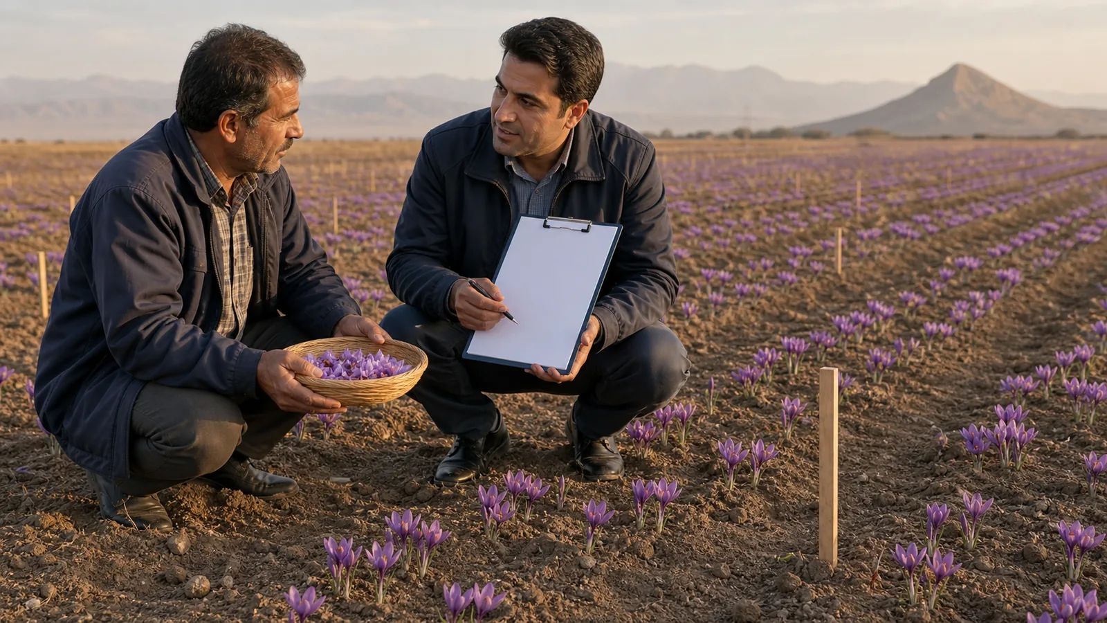 Khorasan grower and agronomist reviewing saffron yield in a harvest field