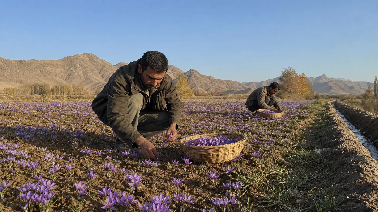 Bafgh growers collecting saffron flowers in a Sabzdasht field