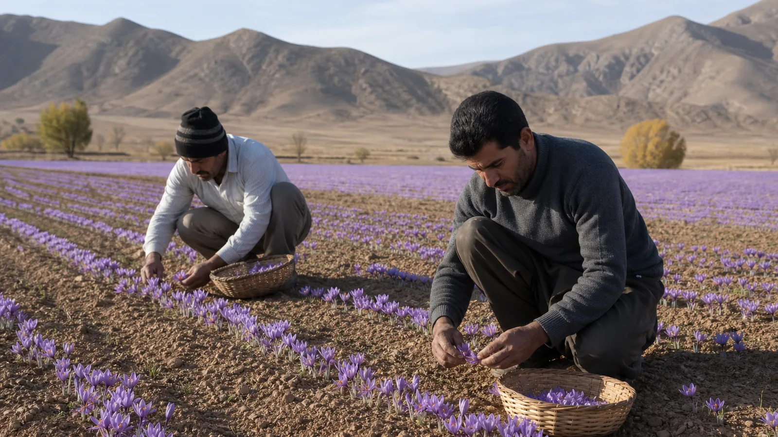 Workers harvesting purple saffron flowers in a North Khorasan field