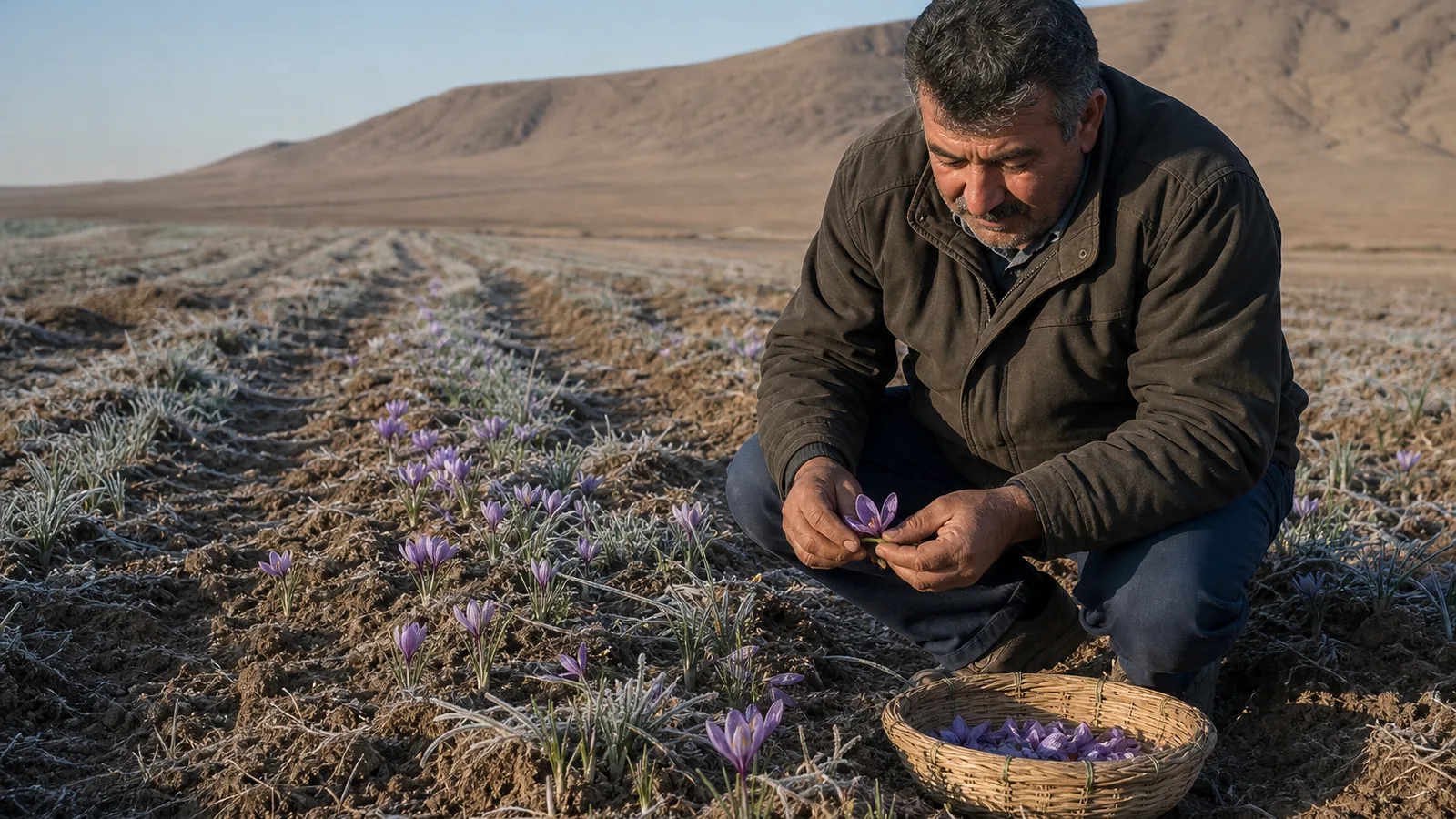 Worker inspecting saffron flowers in a frost-affected Gonabad field