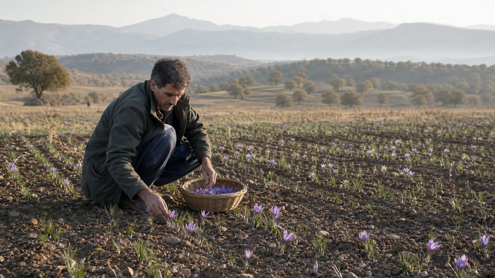 Farmer harvesting saffron in a small field in Ilam province