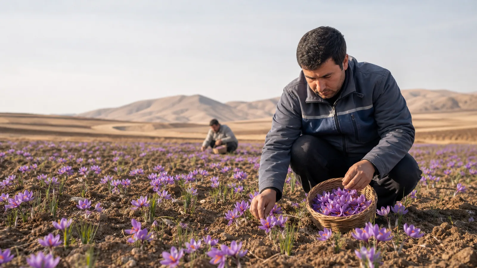 Farmer collecting saffron flowers in a Khomein field