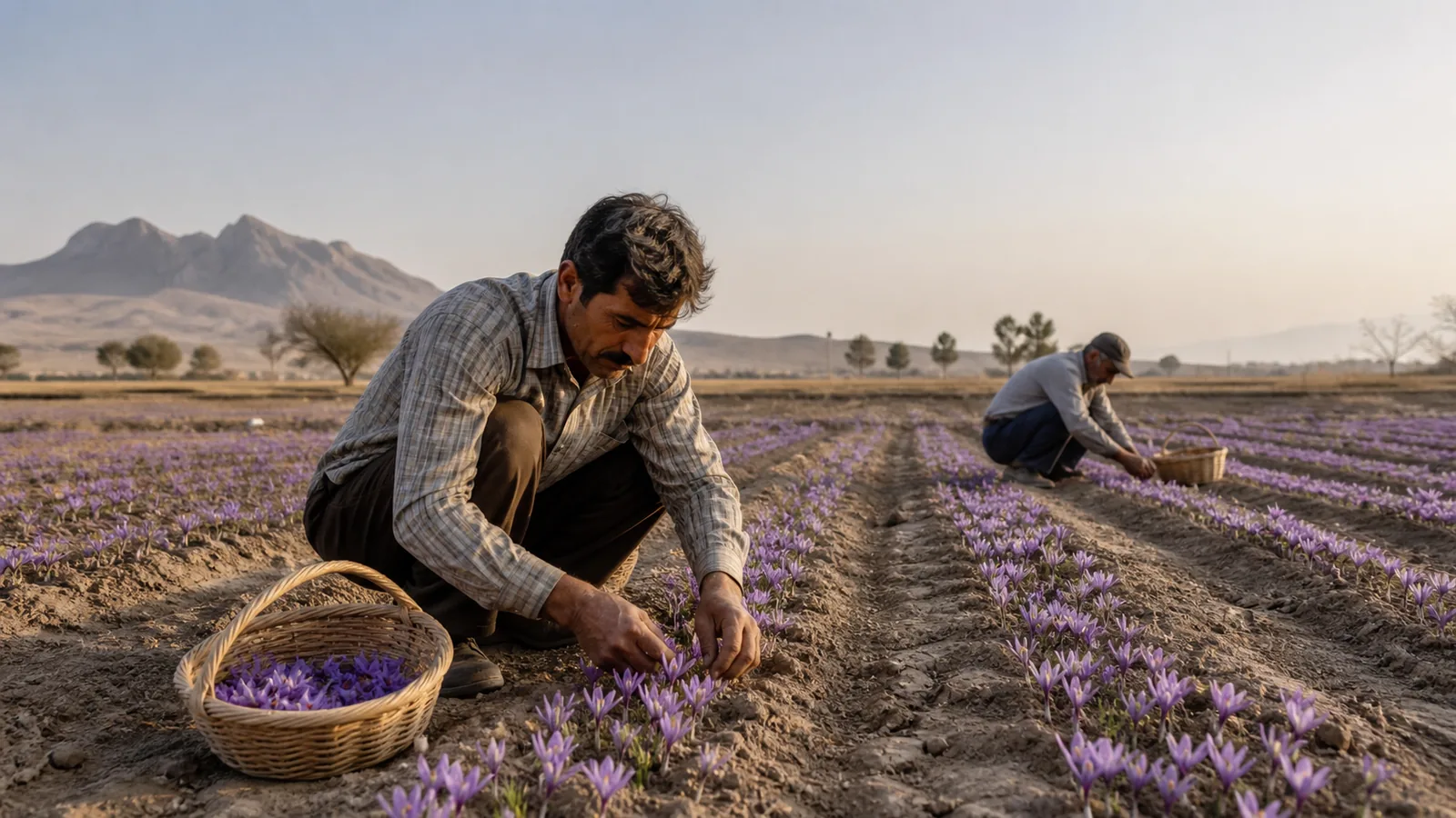 Farmers harvesting saffron in a field near Abarkooh