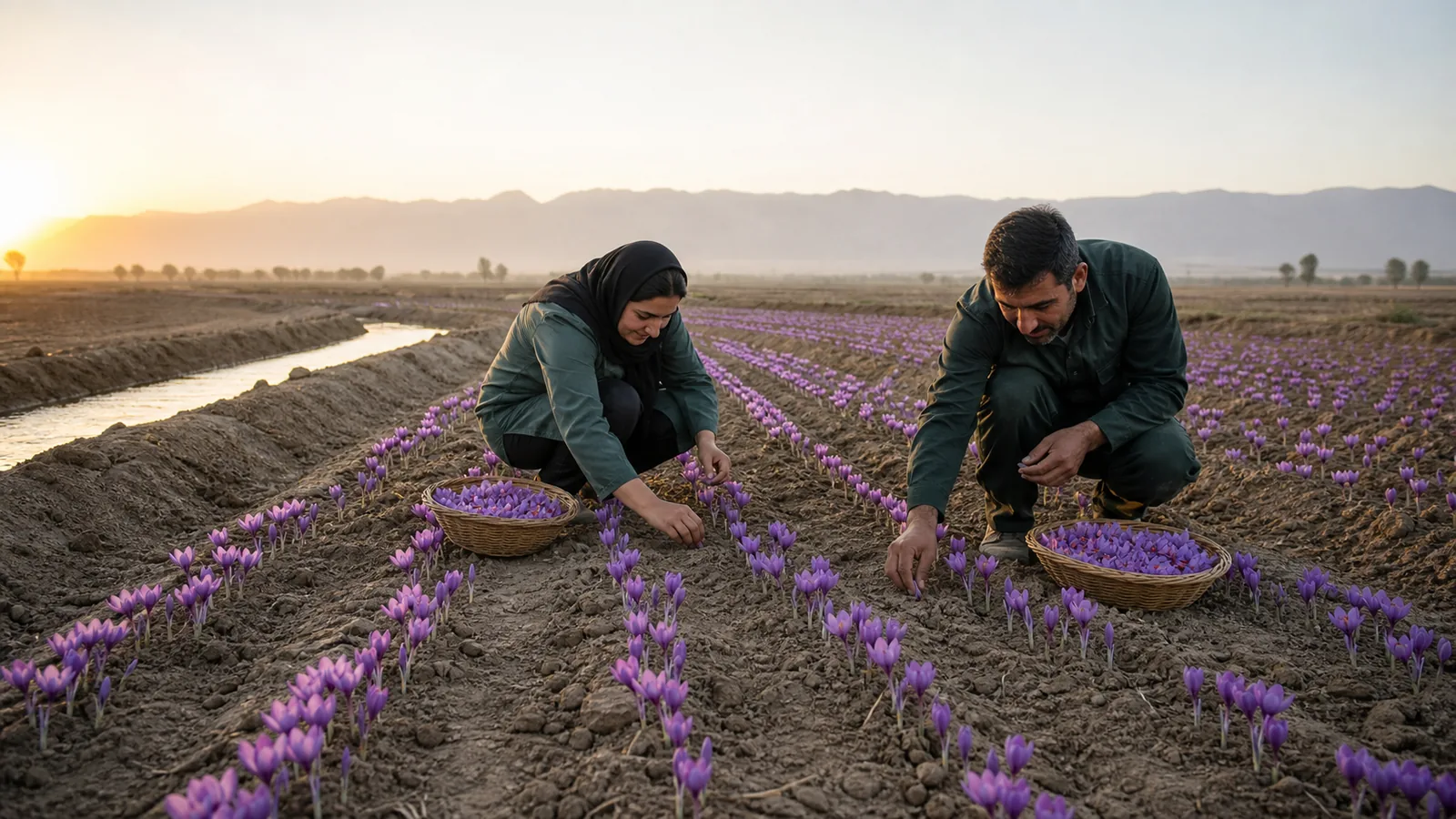 Workers beginning the saffron harvest in a Varamin field