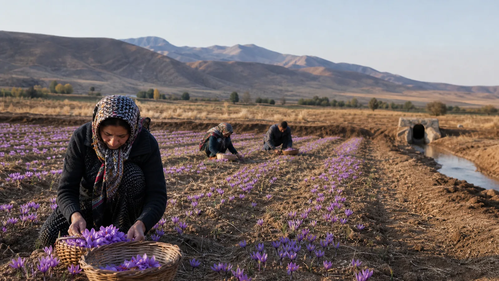 Workers harvesting saffron in a field near Khoshab