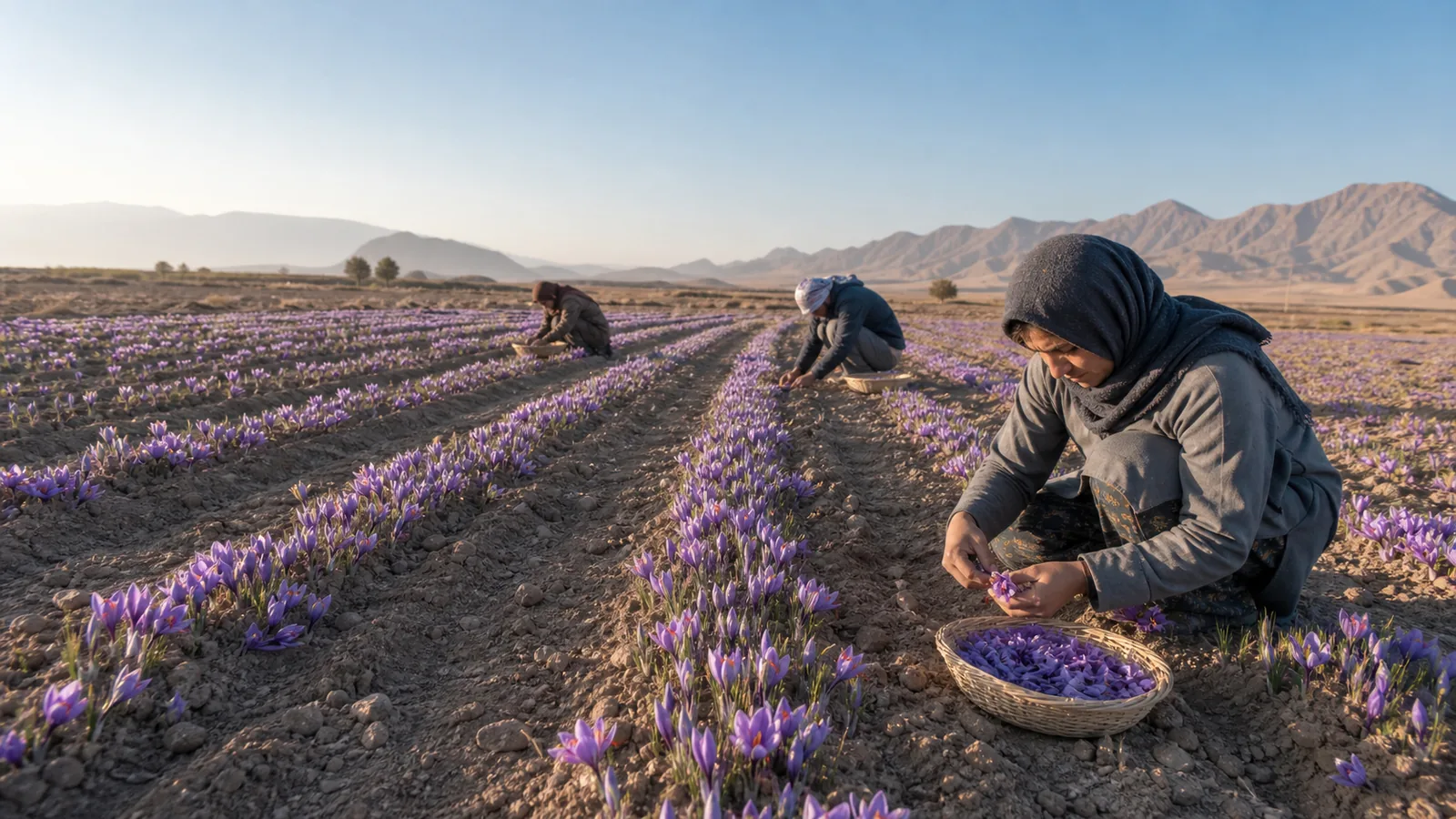 Workers harvesting saffron in a Torbat-e-Jam field