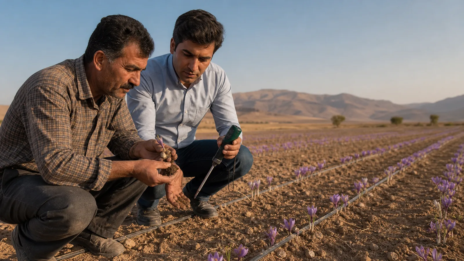 Agronomist and farmer examining a dry Iranian saffron field