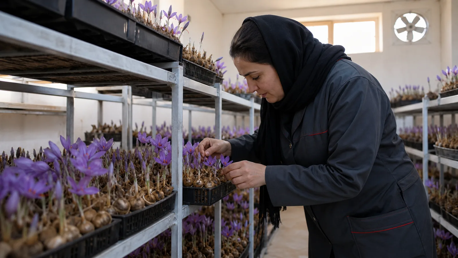Bardaskan entrepreneur inspecting indoor trays of flowering saffron corms