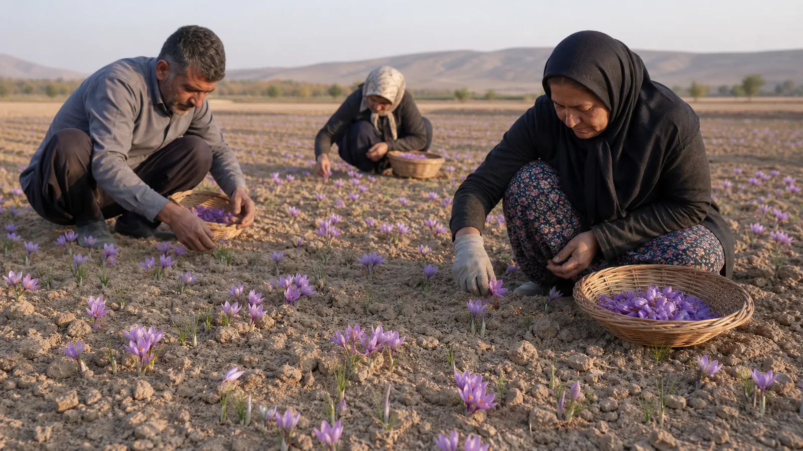 Workers harvesting purple saffron flowers in a Bakharz field