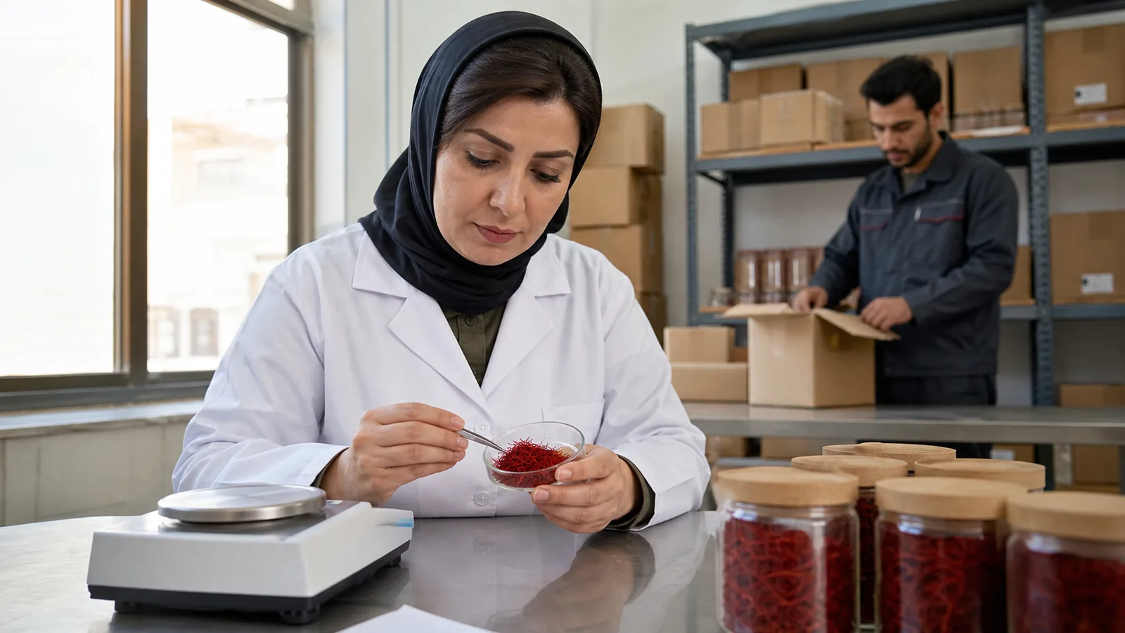 Technician checking saffron threads in an Iranian quality-control warehouse