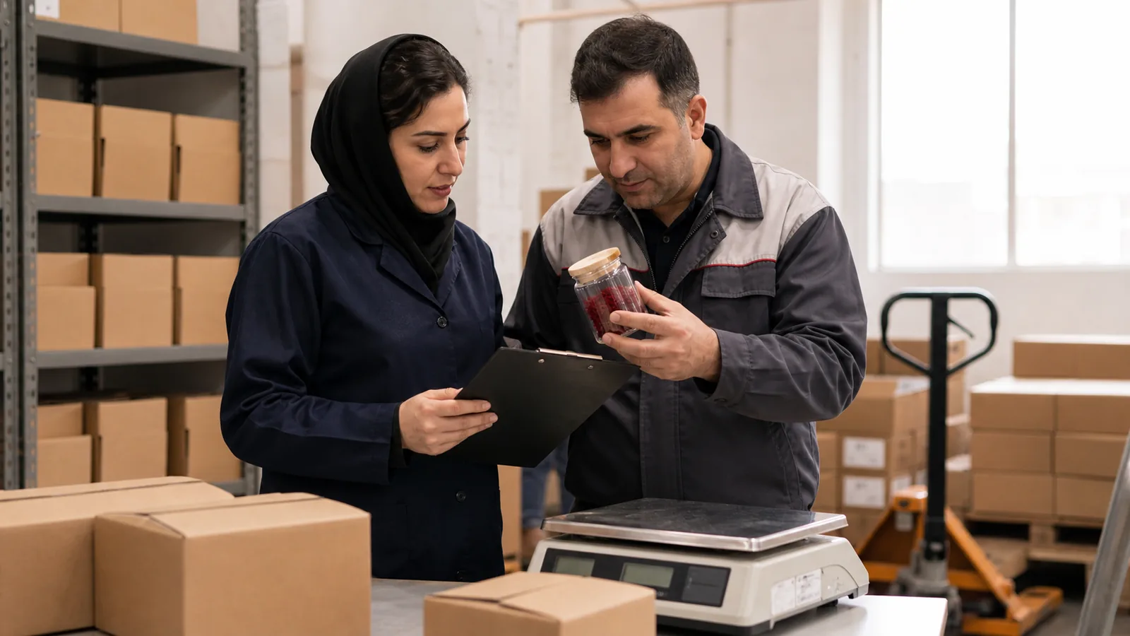Iranian staff preparing verified saffron samples and cartons for export