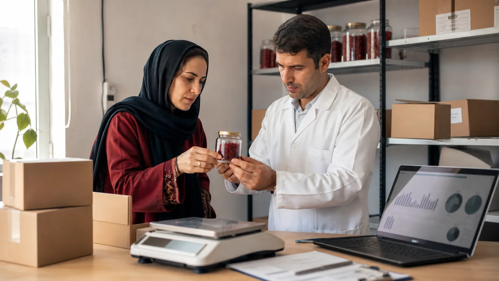 Saffron cooperative staff reviewing packaged saffron and export records in Khorasan Razavi