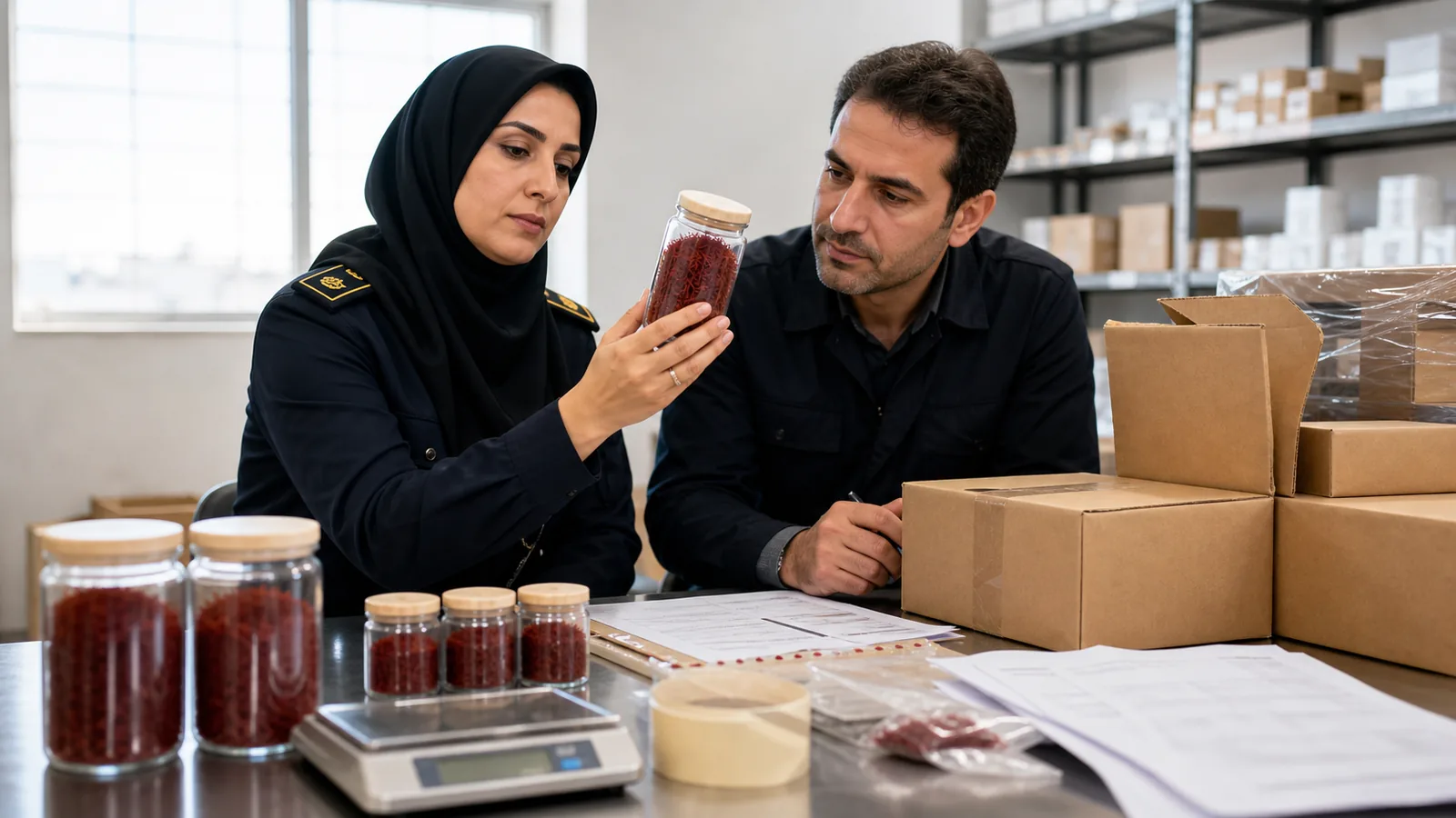 Customs staff inspecting packaged saffron prepared for export from Khorasan Razavi